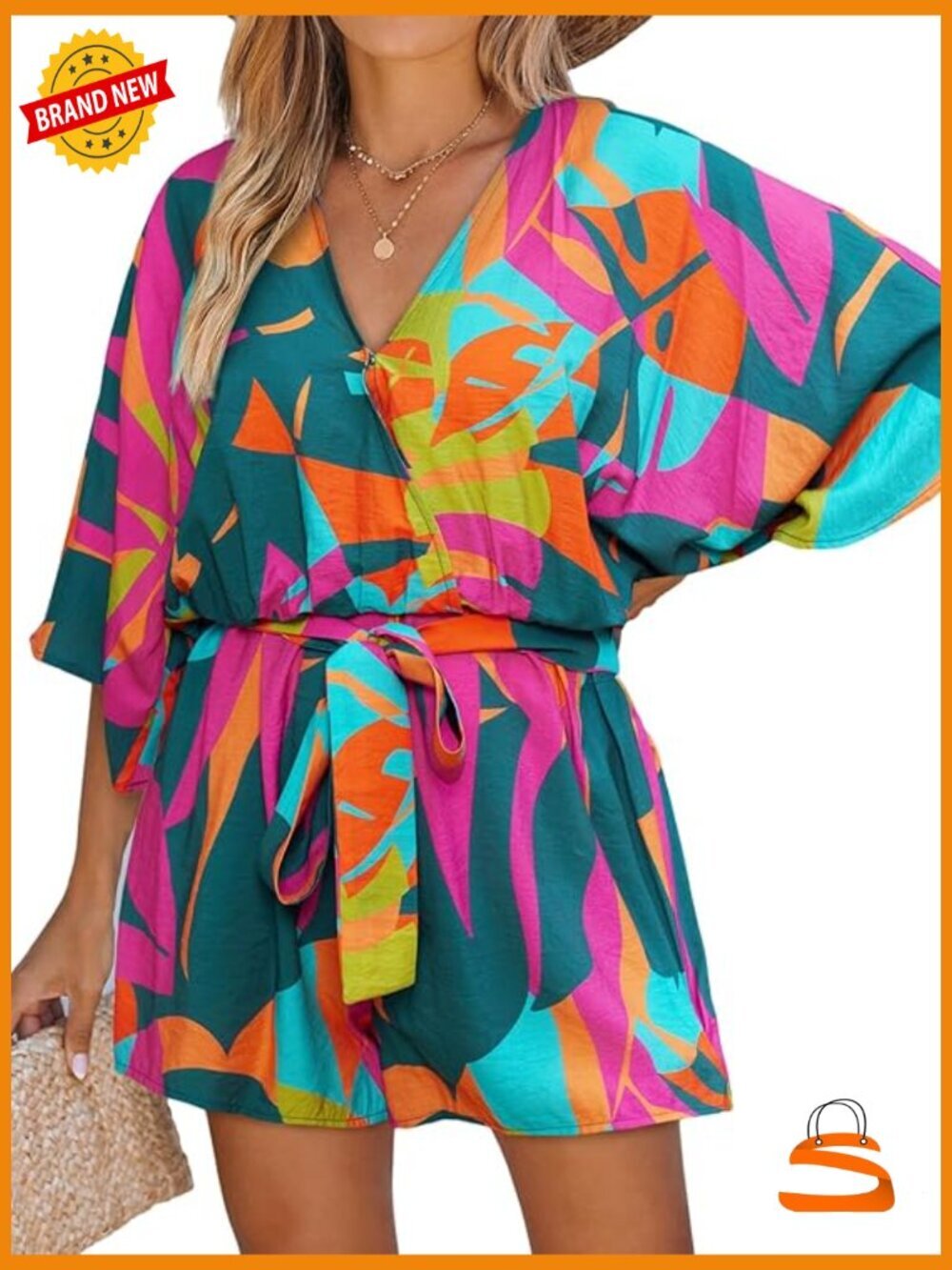 V-Neck Mini Romper, Rayon Blend, Loose Fit, Half Sleeve, Tropical Print